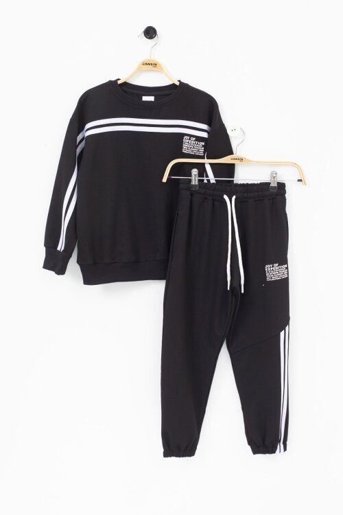 Siyah Şerit Detaylı Bisiklet Yaka Erkek Çocuk Basic Eşofman Takımı 21260