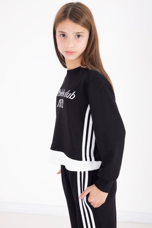 Siyah Şerit Detaylı Yazılı Geniş Paça Kız Çocuk Takım 22772