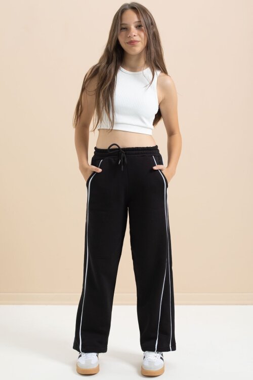 Siyah Yanları Şeritli Geniş Paça Kız Çocuk Şardonlu Eşofman Altı 21467