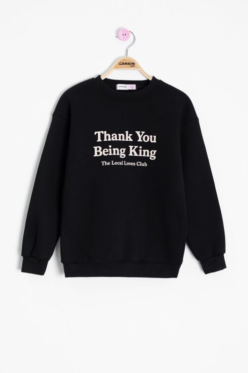 Siyah Yazı Baskılı Bisiklet Yaka Kız Çocuk Şardonlu Sweatshirt 23255