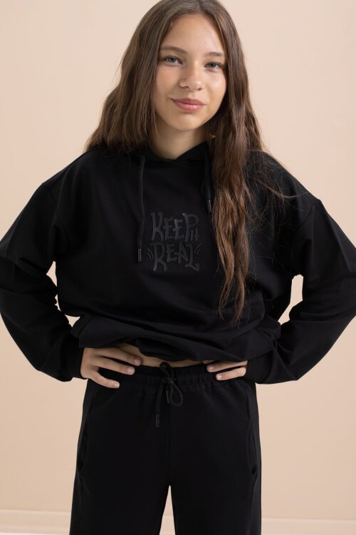 Siyah Yazı Baskılı Kapüşonlu Geniş Paça Kız Çocuk Eşofman Takımı 21429