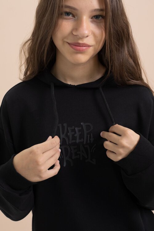 Siyah Yazı Baskılı Kapüşonlu Geniş Paça Kız Çocuk Eşofman Takımı 21429