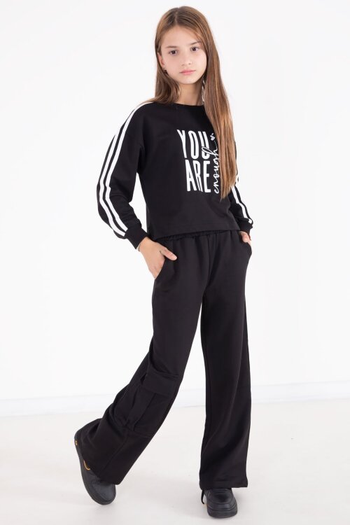 Siyah Yazı Baskılı Kargo Cep Detaylı Kız Çocuk Takım 22775