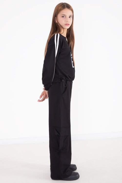 Siyah Yazı Baskılı Kargo Cep Detaylı Kız Çocuk Takım 22775