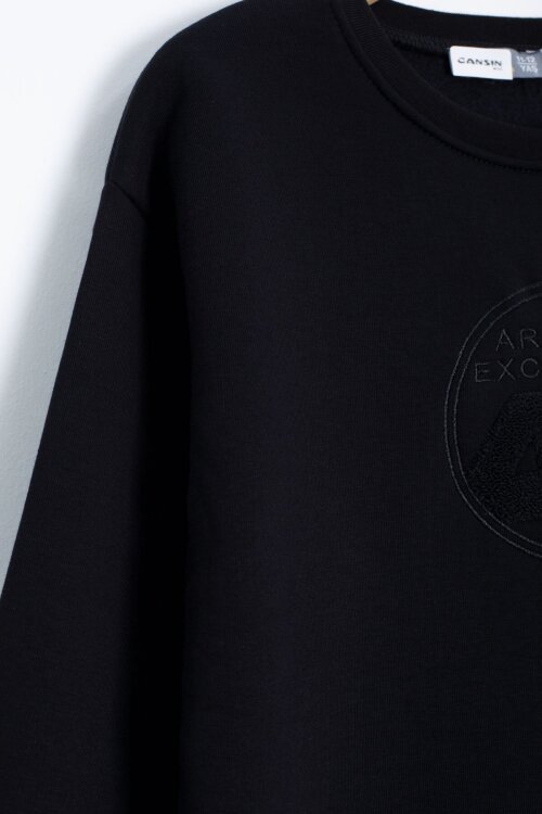 Siyah Yazı Nakışlı Bisiklet Yaka Erkek Çocuk Şardonlu Sweatshirt 23245