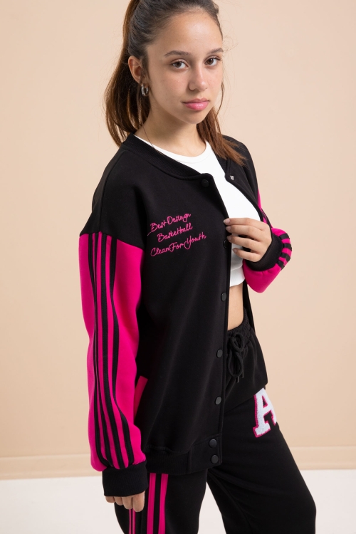 Siyah Yazılı Kolej Ceketli Kız Çocuk Şeritli 3 İplik Şardonlu Eşofman Takımı 21296