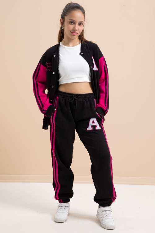 Siyah Yazılı Kolej Ceketli Kız Çocuk Şeritli 3 İplik Şardonlu Eşofman Takımı 21296