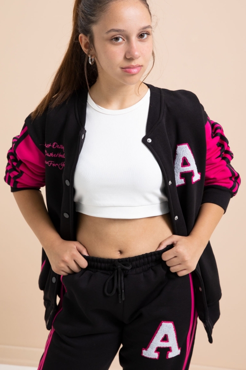 Siyah Yazılı Kolej Ceketli Kız Çocuk Şeritli 3 İplik Şardonlu Eşofman Takımı 21296