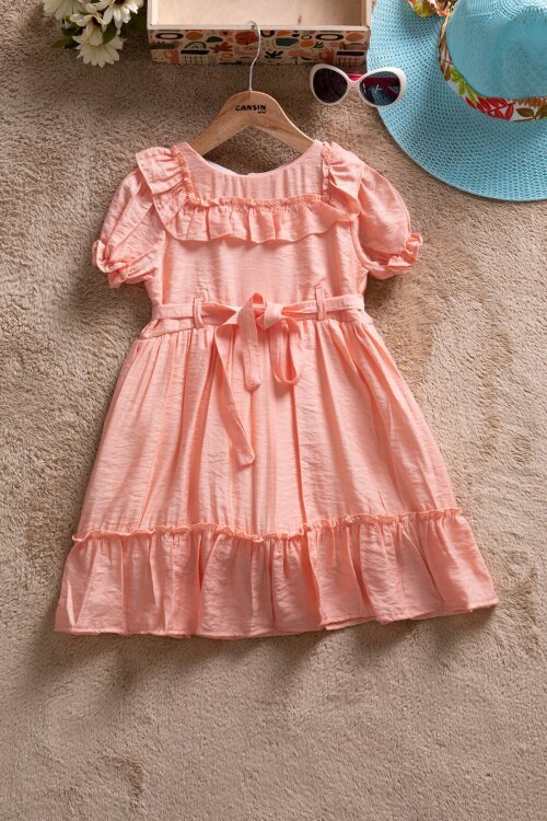 Somon Fırfır Detaylı Kısa Kol Kız Çocuk Pileli Elbise  22653