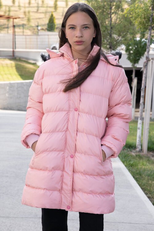 Somon İçi Kürklü Çıtçıtlı Kapüşonlu Kız Çocuk Şişme Mont 21320