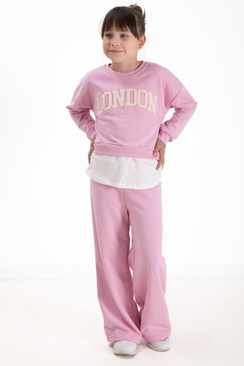 Toz Pembe London Yazılı Nakışlı Kız Çocuk Geniş Paça Eşofman Takımı 22726