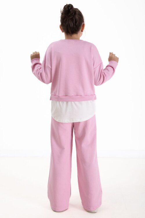 Toz Pembe London Yazılı Nakışlı Kız Çocuk Geniş Paça Eşofman Takımı 22726