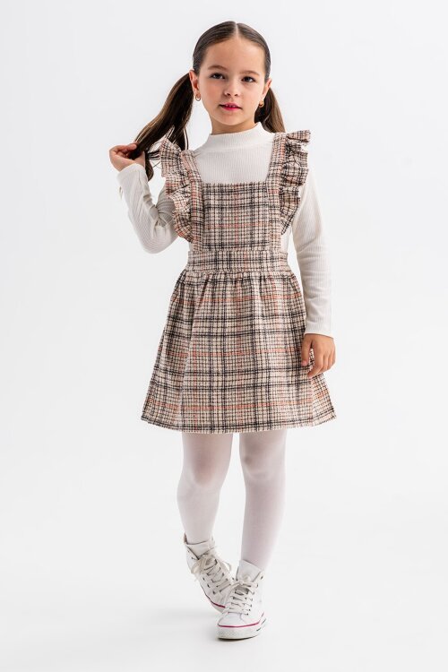 Turuncu Kız Çocuk Ekose Desenli Salopet Takım 22682