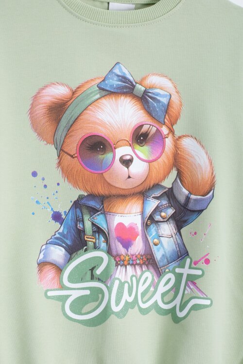 Yeşil Ayıcık Baskılı Beli Lastikli Kız Çocuk Eşofman Takımı  22755