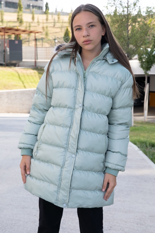 Yeşil İçi Kürklü Çıtçıtlı Kapüşonlu Kız Çocuk Şişme Mont 21324