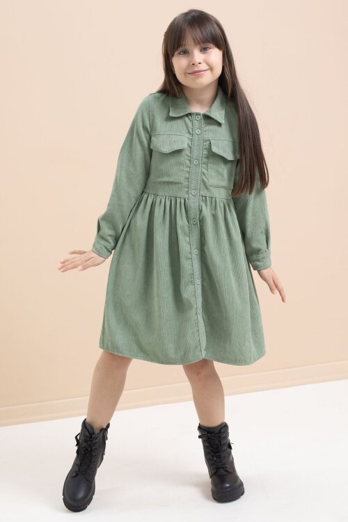 Yeşil Kız Çocuk Cep Detaylı Kadife Desenli Elbise 21547