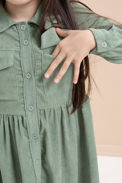 Yeşil Kız Çocuk Cep Detaylı Kadife Desenli Elbise 21547