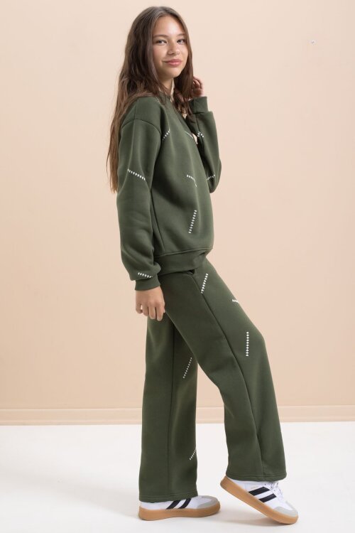 Yeşil Kız Çocuk Desenli 3 İplik Şardonlu Geniş Paça Eşofman Takımı 22647