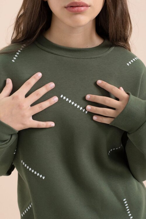 Yeşil Kız Çocuk Desenli 3 İplik Şardonlu Geniş Paça Eşofman Takımı 22647