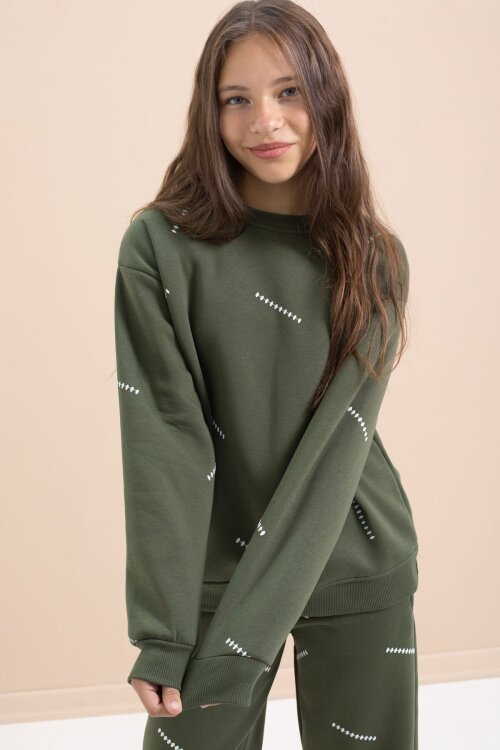 Yeşil Kız Çocuk Desenli 3 İplik Şardonlu Geniş Paça Eşofman Takımı 22647