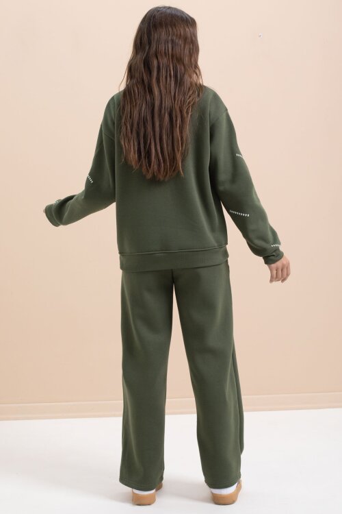 Yeşil Kız Çocuk Desenli 3 İplik Şardonlu Geniş Paça Eşofman Takımı 22647