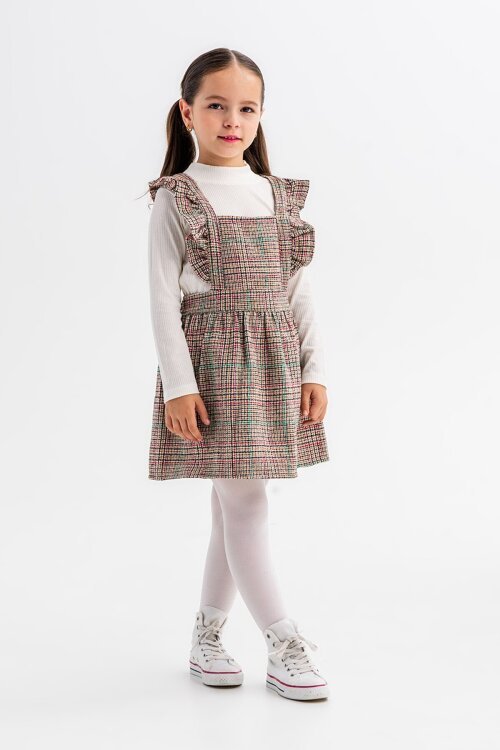 Yeşil Kız Çocuk Ekose Desenli Salopet Takım 22680