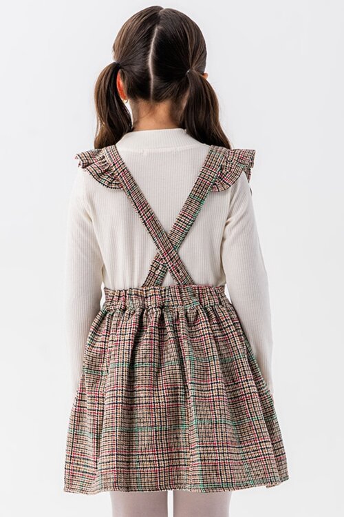 Yeşil Kız Çocuk Ekose Desenli Salopet Takım 22680