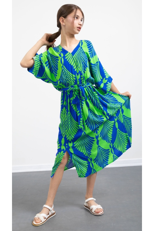 Yeşil Yaprak Desenli Kuşaklı Kız Çocuk Kısa Kol Elbise 20781