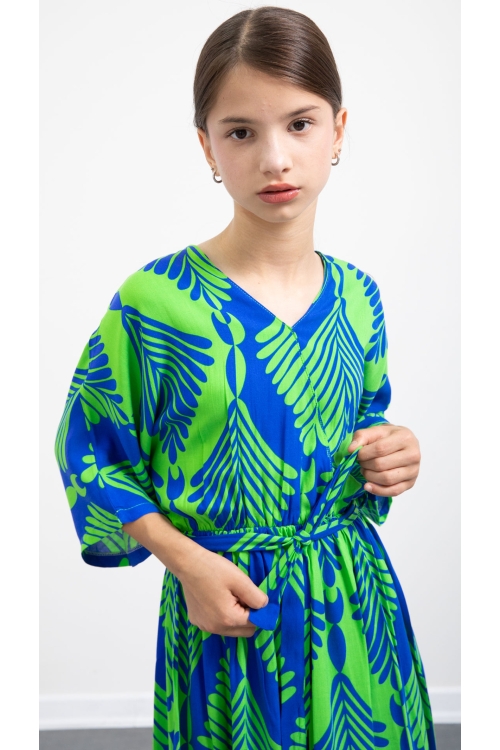 Yeşil Yaprak Desenli Kuşaklı Kız Çocuk Kısa Kol Elbise 20781