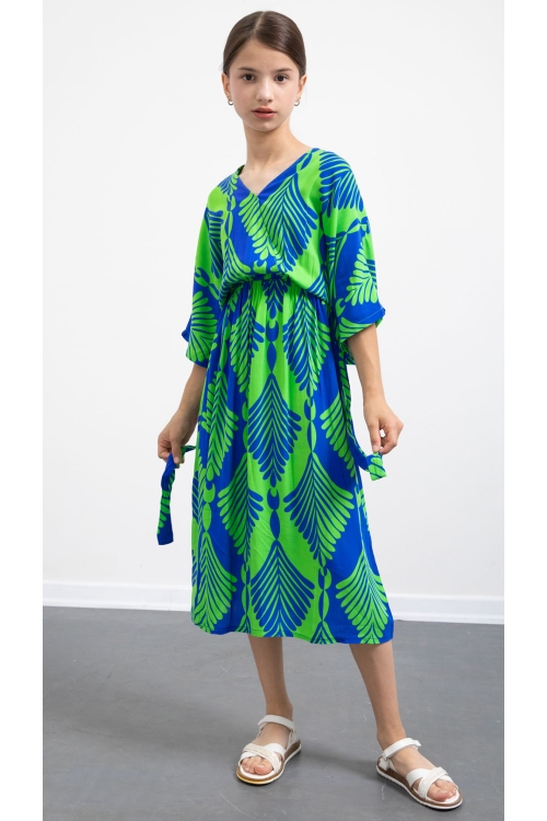 Yeşil Yaprak Desenli Kuşaklı Kız Çocuk Kısa Kol Elbise 20781