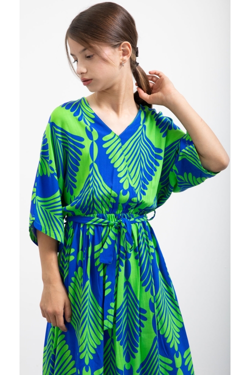 Yeşil Yaprak Desenli Kuşaklı Kız Çocuk Kısa Kol Elbise 20781