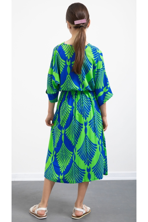 Yeşil Yaprak Desenli Kuşaklı Kız Çocuk Kısa Kol Elbise 20781