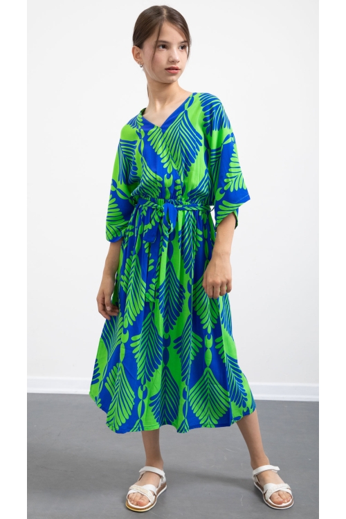 Yeşil Yaprak Desenli Kuşaklı Kız Çocuk Kısa Kol Elbise 20781