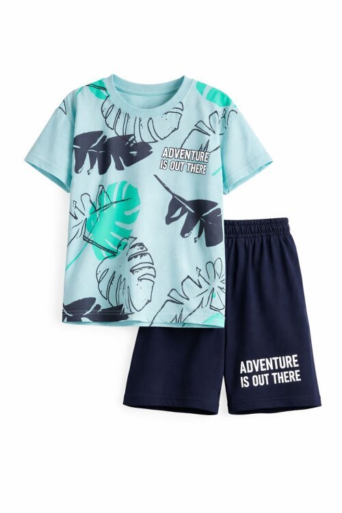 Açık Mavi Yaprak Baskılı Bisiklet Yaka Erkek Çocuk 2li Şortlu Takım 21061