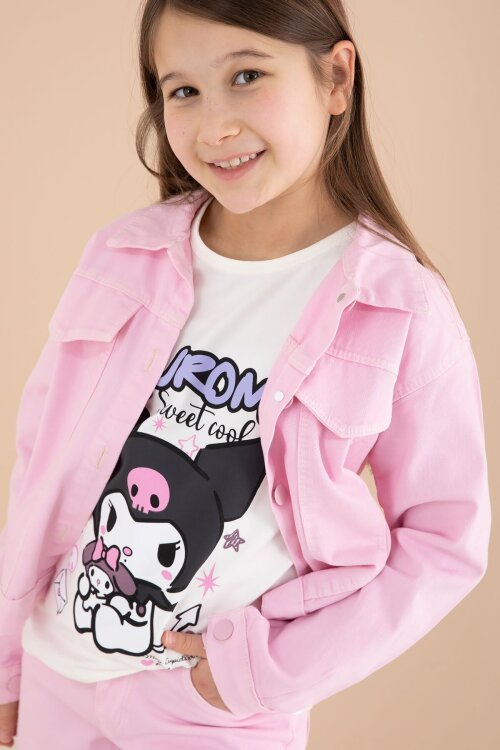 Açık Pembe Cep Detaylı Ceketli Baskılı Tişörtlü Kız Çocuk 3lü Pantolonlu Takım 23592