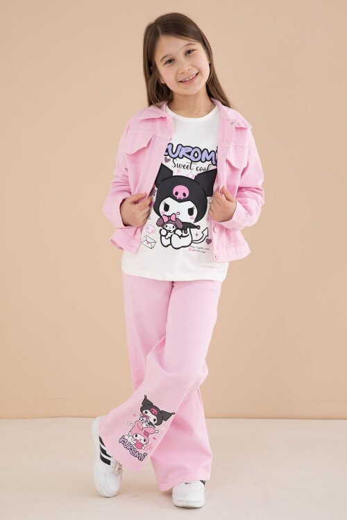 Açık Pembe Cep Detaylı Ceketli Baskılı Tişörtlü Kız Çocuk 3lü Pantolonlu Takım 23592