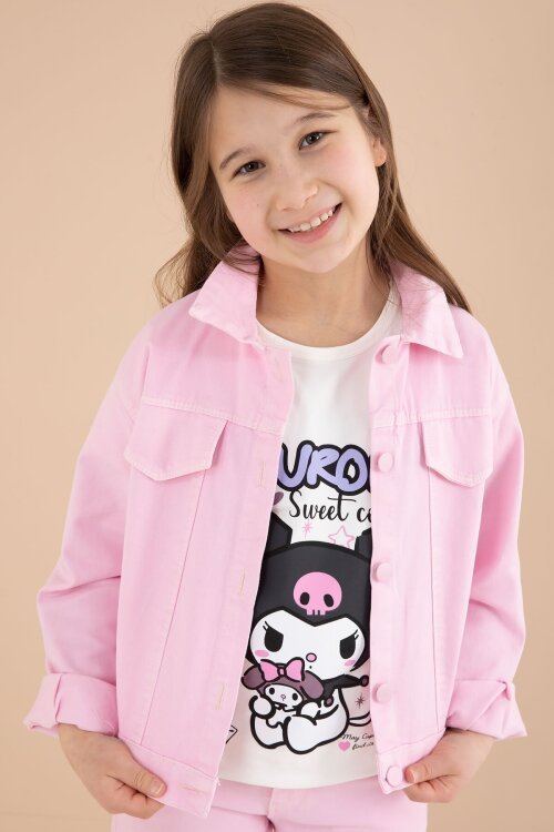 Açık Pembe Cep Detaylı Ceketli Baskılı Tişörtlü Kız Çocuk 3lü Pantolonlu Takım 23592