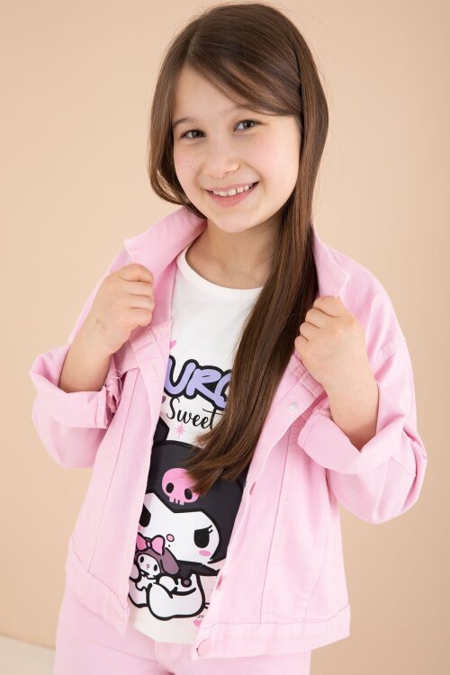 Açık Pembe Cep Detaylı Ceketli Baskılı Tişörtlü Kız Çocuk 3lü Pantolonlu Takım 23592