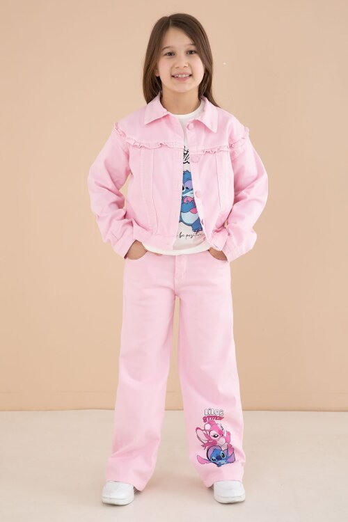 Açık Pembe Sevimli Karakter Baskılı Ceketli ve Pantolonlu 3lü Kız Çocuk Takım 23588