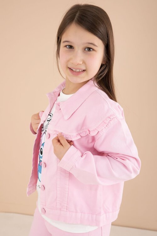 Açık Pembe Sevimli Karakter Baskılı Ceketli ve Pantolonlu 3lü Kız Çocuk Takım 23588