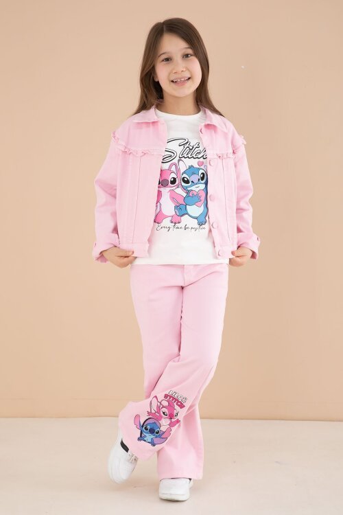 Açık Pembe Sevimli Karakter Baskılı Ceketli ve Pantolonlu 3lü Kız Çocuk Takım 23588