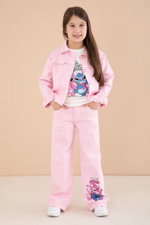 Açık Pembe Sevimli Karakter Baskılı Ceketli ve Pantolonlu 3lü Kız Çocuk Takım 23588