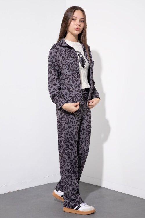 Antrasit Leopar Desenli Ceketli ve Pantolonlu Kız Çocuk Badili 3lü Takım  23549