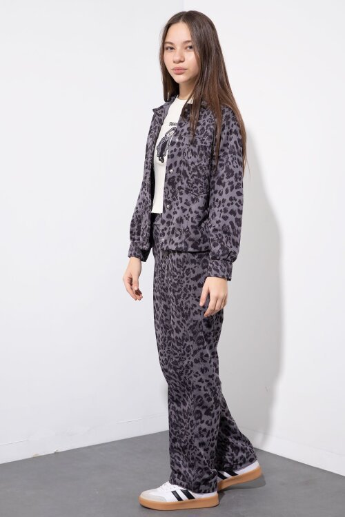 Antrasit Leopar Desenli Ceketli ve Pantolonlu Kız Çocuk Badili 3lü Takım  23549