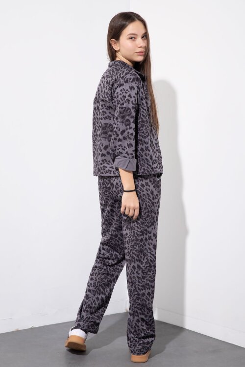 Antrasit Leopar Desenli Ceketli ve Pantolonlu Kız Çocuk Badili 3lü Takım  23549