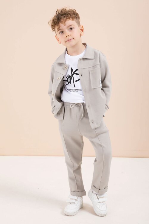 Bej Arma Detaylı Gömlekli Duble Paça Pantolonlu Erkek Çocuk 3lü Takım 23622