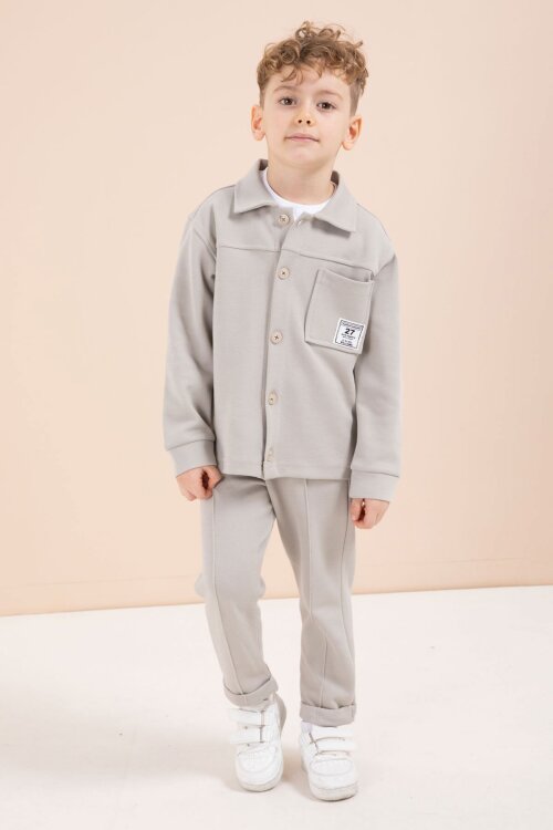 Bej Arma Detaylı Gömlekli Duble Paça Pantolonlu Erkek Çocuk 3lü Takım 23622