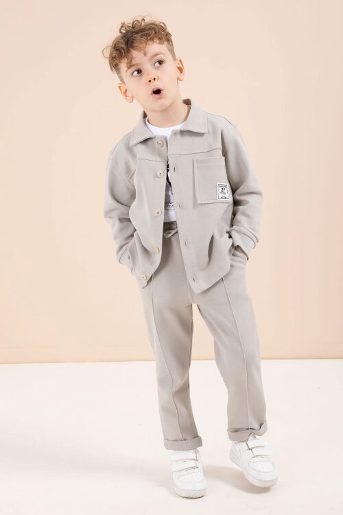 Bej Arma Detaylı Gömlekli Duble Paça Pantolonlu Erkek Çocuk 3lü Takım 23622
