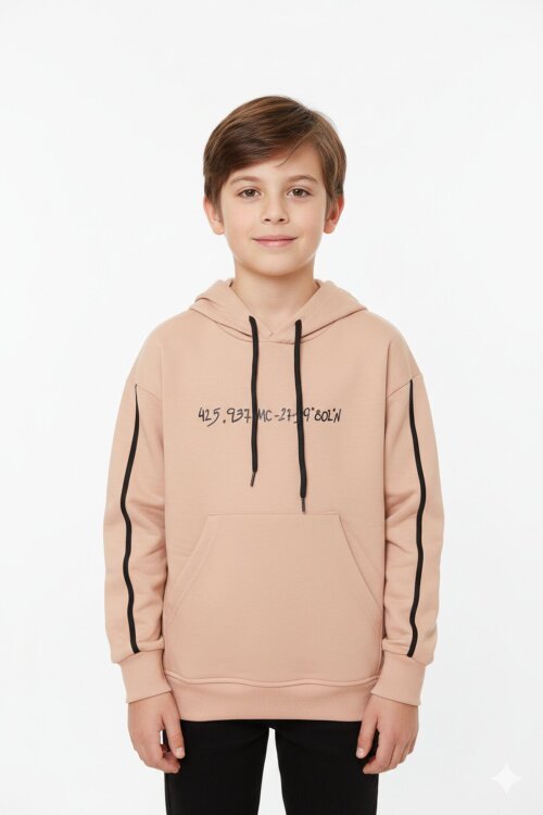 Bej Baskılı Erkek Çocuk Şeritli Kapüşonlu Sweatshirt 19217