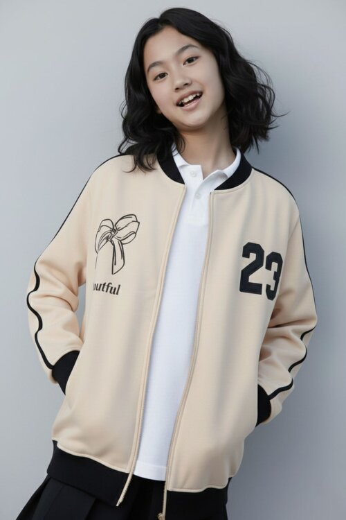 Bej Beautifull Yazılı Kolu Şeritli Kız Çocuk Kolej Hırka 21195